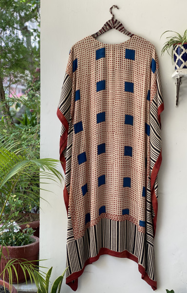 BEIGE HAND BLOCK PRINT MODAL SILK KAFTAN