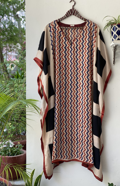 BEIGE HAND BLOCK PRINT MODAL SILK KAFTAN