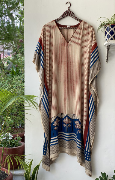 BEIGE HAND BLOCK PRINT MODAL SILK KAFTAN