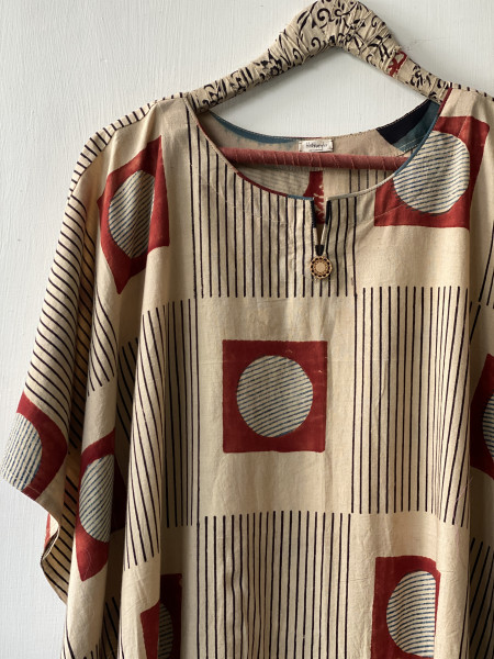 BEIGE AJRAKH HAND BLOCK PRINT MUL COTTON KAFTAN
