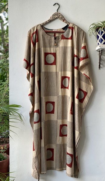 BEIGE AJRAKH HAND BLOCK PRINT MUL COTTON KAFTAN