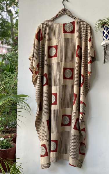 BEIGE AJRAKH HAND BLOCK PRINT MUL COTTON KAFTAN