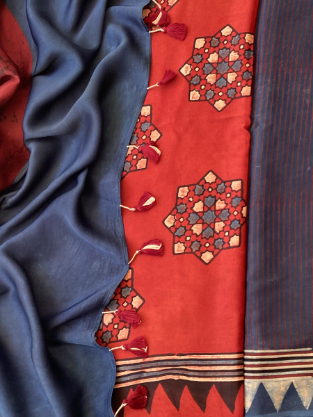 INDIGO-MAROON MODAL SILK AJRAKH BLOCK PRINT SARI