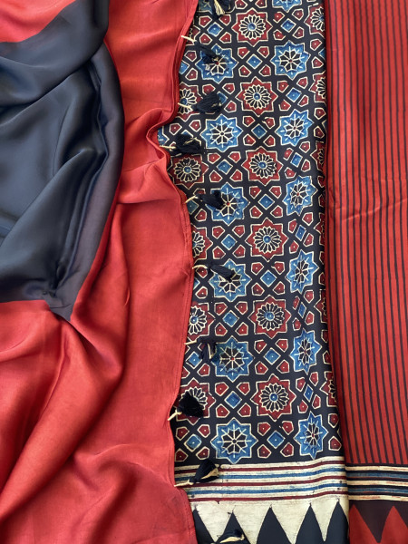 MAROON-BLACK MODAL SILK AJRAKH BLOCK PRINT SARI