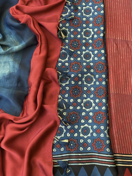 MAROON-INDIGO MODAL SILK AJRAKH BLOCK PRINT SARI
