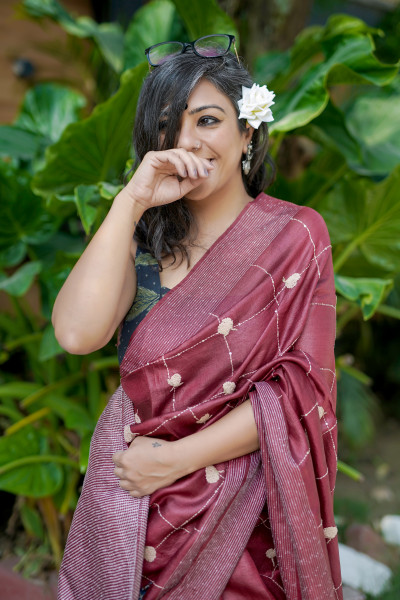 MAROON KORA SILK HAND EMBROIDERED SARI