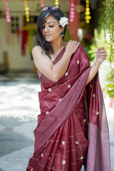 MAROON KORA SILK HAND EMBROIDERED SARI