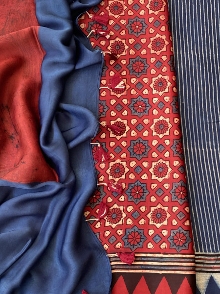 INDIGO-MAROON MODAL SILK AJRAKH BLOCK PRINT SARI