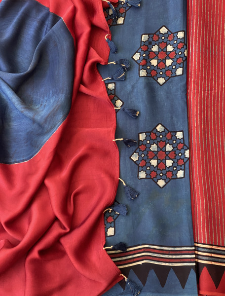 MAROON-INDIGO MODAL SILK AJRAKH BLOCK PRINT SARI