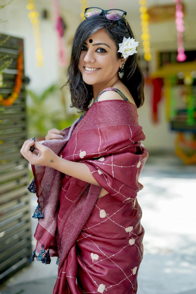 MAROON KORA SILK HAND EMBROIDERED SARI