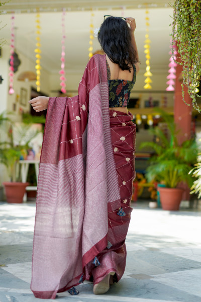 MAROON KORA SILK HAND EMBROIDERED SARI