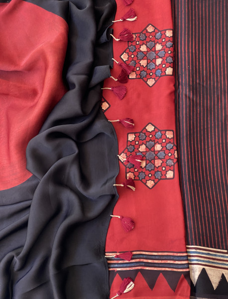 BLACK-MAROON MODAL SILK AJRAKH BLOCK PRINT SARI