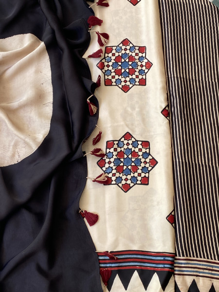 BLACK-OFF WHITE MODAL SILK AJRAKH BLOCK PRINT SARI