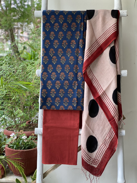 INDIGO & BEIGE BLOCK PRINT LINEN DUPATTA SUIT SET