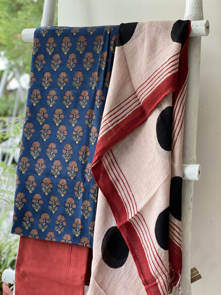INDIGO & BEIGE BLOCK PRINT LINEN DUPATTA SUIT SET