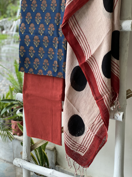 INDIGO & BEIGE BLOCK PRINT LINEN DUPATTA SUIT SET