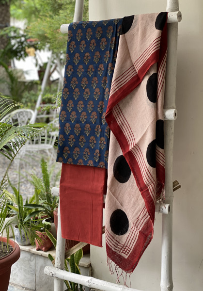 INDIGO & BEIGE BLOCK PRINT LINEN DUPATTA SUIT SET