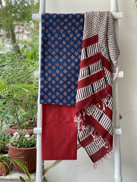 INDIGO & BEIGE BLOCK PRINT LINEN DUPATTA SUIT SET