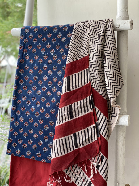 INDIGO & BEIGE BLOCK PRINT LINEN DUPATTA SUIT SET