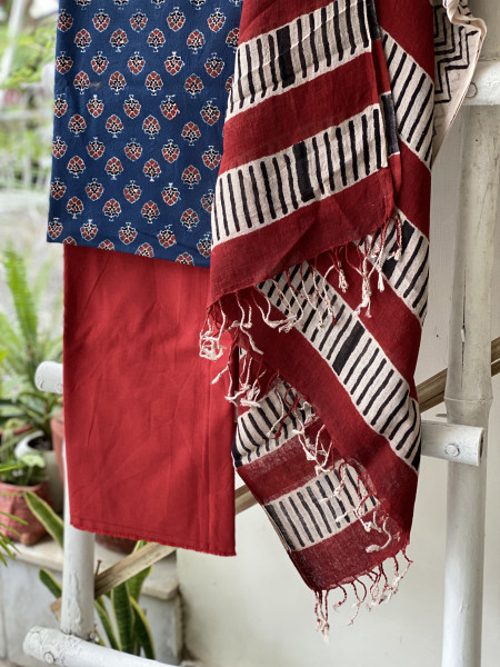 INDIGO & BEIGE BLOCK PRINT LINEN DUPATTA SUIT SET