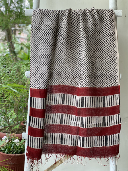 INDIGO & BEIGE BLOCK PRINT LINEN DUPATTA SUIT SET