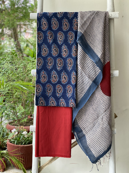 INDIGO & BEIGE BLOCK PRINT LINEN DUPATTA SUIT SET