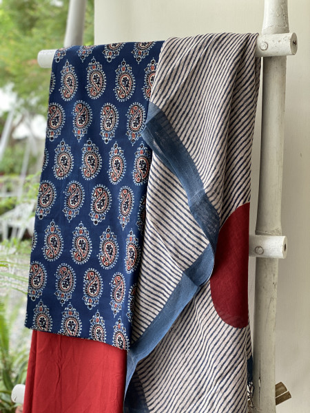 INDIGO & BEIGE BLOCK PRINT LINEN DUPATTA SUIT SET