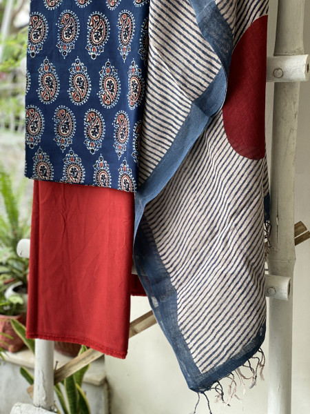 INDIGO & BEIGE BLOCK PRINT LINEN DUPATTA SUIT SET