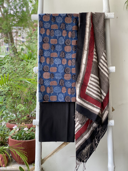 INDIGO & GREY BLOCK PRINT LINEN DUPATTA SUIT SET