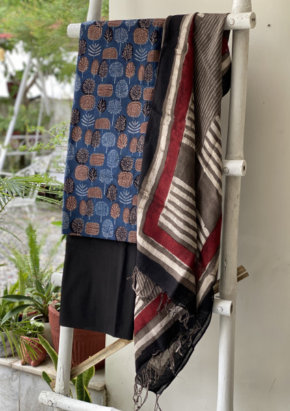 INDIGO & GREY BLOCK PRINT LINEN DUPATTA SUIT SET
