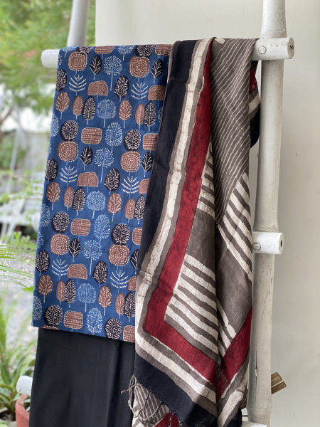 INDIGO & GREY BLOCK PRINT LINEN DUPATTA SUIT SET