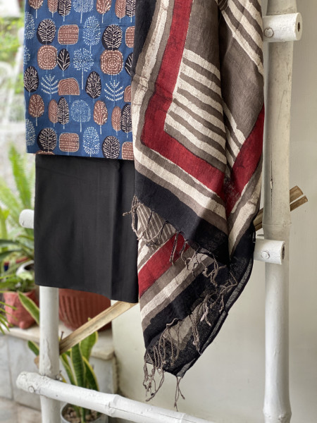 INDIGO & GREY BLOCK PRINT LINEN DUPATTA SUIT SET