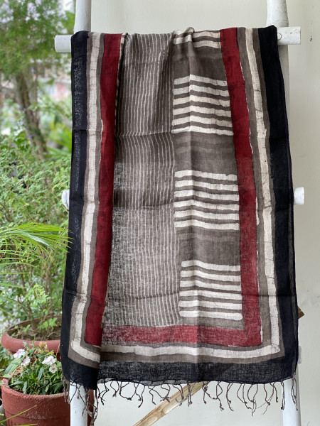 INDIGO & GREY BLOCK PRINT LINEN DUPATTA SUIT SET