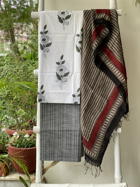OFF WHITE & GREY BLOCK PRINT LINEN DUPATTA SUIT SET