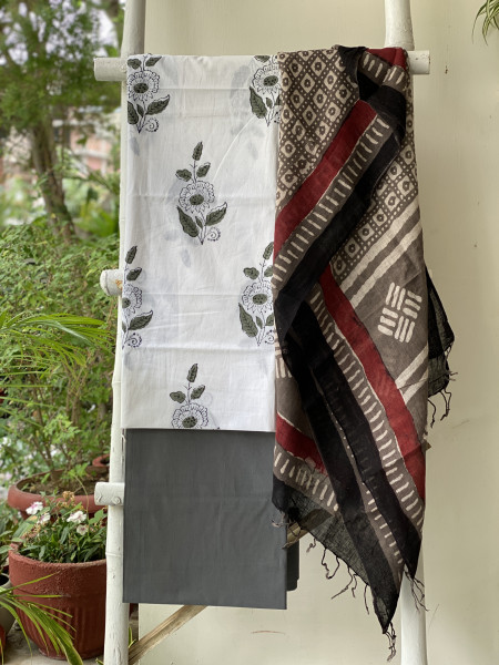 OFF WHITE & GREY BLOCK PRINT LINEN DUPATTA SUIT SET