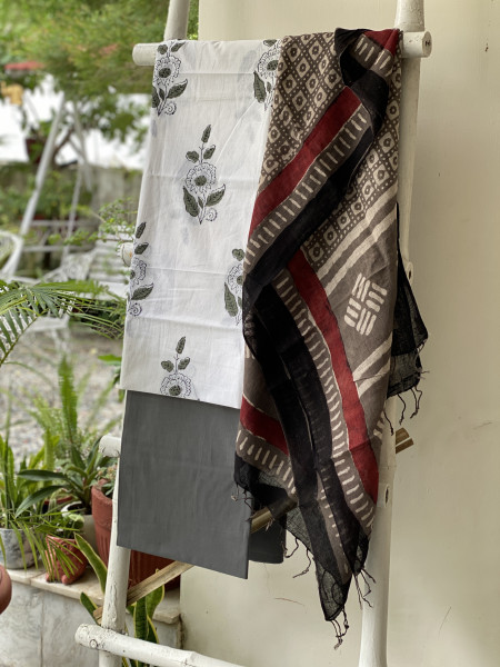 OFF WHITE & GREY BLOCK PRINT LINEN DUPATTA SUIT SET