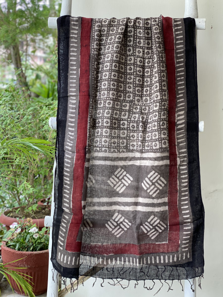 OFF WHITE & GREY BLOCK PRINT LINEN DUPATTA SUIT SET
