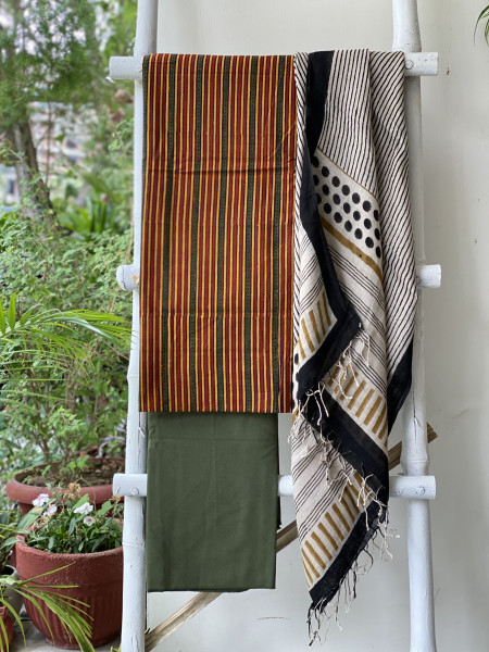 MULTI COLOUR & BEIGE BLOCK PRINT LINEN DUPATTA SUIT SET
