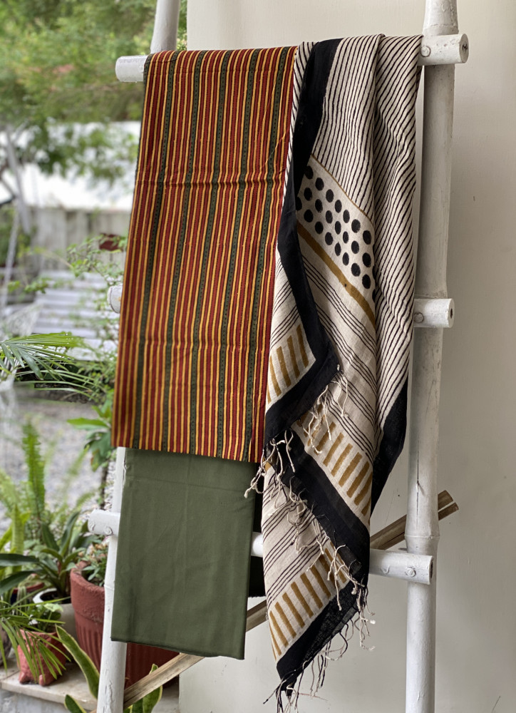 Image of MULTI COLOUR &amp; BEIGE BLOCK PRINT LINEN DUPATTA SUIT SET