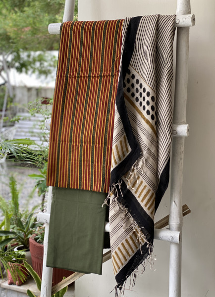 MULTI COLOUR & BEIGE BLOCK PRINT LINEN DUPATTA SUIT SET