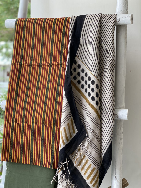 MULTI COLOUR & BEIGE BLOCK PRINT LINEN DUPATTA SUIT SET