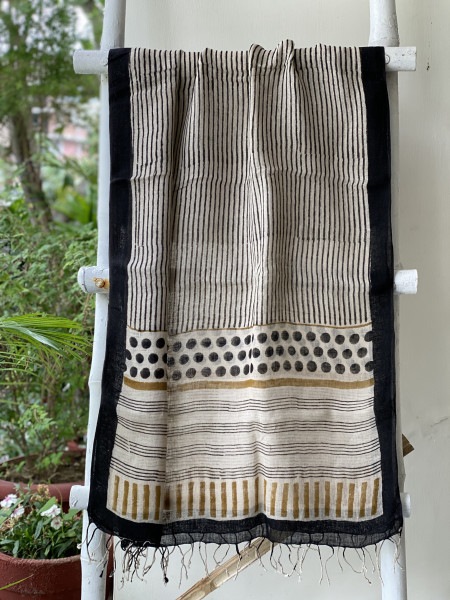 MULTI COLOUR & BEIGE BLOCK PRINT LINEN DUPATTA SUIT SET