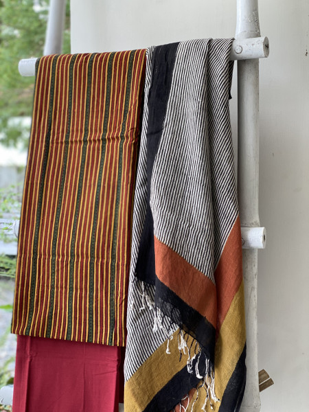 MULTI COLOUR & BEIGE BLOCK PRINT LINEN DUPATTA SUIT SET