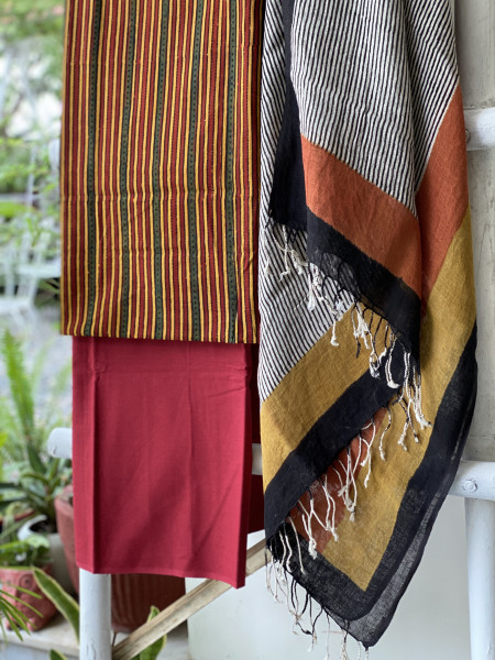 MULTI COLOUR & BEIGE BLOCK PRINT LINEN DUPATTA SUIT SET