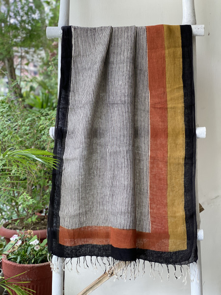 MULTI COLOUR & BEIGE BLOCK PRINT LINEN DUPATTA SUIT SET