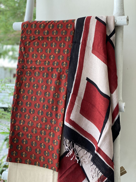 MAROON & BEIGE BLOCK PRINT LINEN DUPATTA SUIT SET