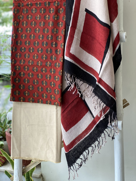 MAROON & BEIGE BLOCK PRINT LINEN DUPATTA SUIT SET