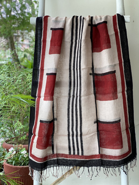 MAROON & BEIGE BLOCK PRINT LINEN DUPATTA SUIT SET