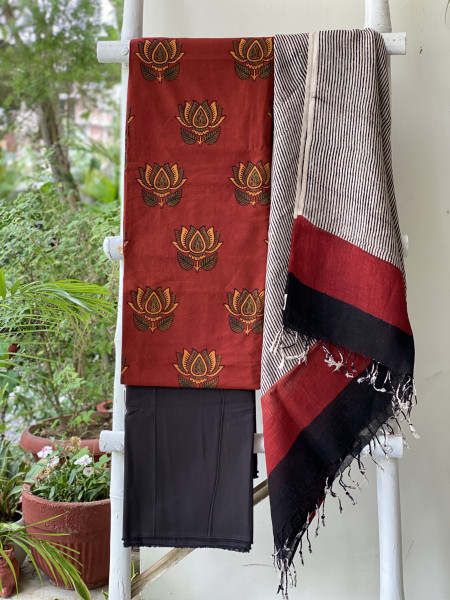MAROON & BEIGE BLOCK PRINT LINEN DUPATTA SUIT SET