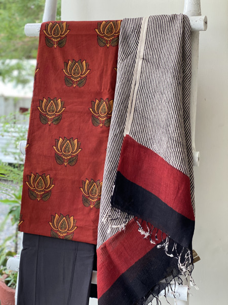 MAROON & BEIGE BLOCK PRINT LINEN DUPATTA SUIT SET